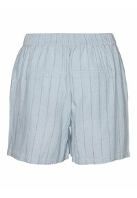 Shorts en lin bleu clair à coupe décontractée, avec une large ceinture élastique et des rayures blanches verticales. Comprend deux poches arrière.