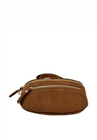 Brązowa torebka na ramię z zamszu, wyposażona w dwie zamykane na suwak przegródki, gładką fakturę i zaokrąglony kształt z regulowanym paskiem.
