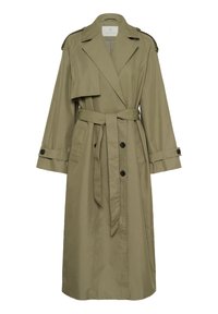 Manteau long khaki avec larges revers, boutons noirs à double boutonnage, taille ceinturée, épaulettes, et sangles aux poignets.