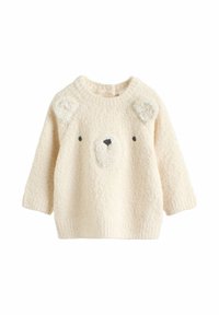 Sweter w kolorze kremowym, wykonany z teksturowanej tkaniny, z motywem twarzy misia, z puszystymi uszami oraz czarnymi haftowanymi nosem i oczami.