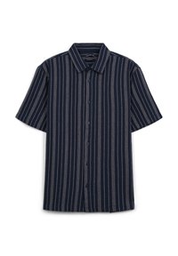 Camicia a maniche corte blu navy con strisce verticali bianche, chiusura con bottoni, colletto a punta e finitura in tessuto testurizzato.