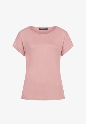 Korte mouwen, ronde hals t-shirt in lichtroze stof. Zachte textuur, losse pasvorm, met een subtiele glans en een merklabel binnen in de halslijn.