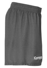 Pantalones cortos deportivos grises con cintura elástica, diseñados para ropa activa. Con una textura suave y el logo "Kempa" en blanco.