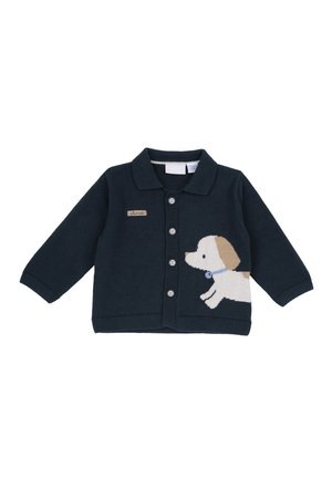 Cardigan pour bébé en tricot bleu marine avec boutons, col, et une illustration d'un chien beige et blanc en bas à droite.