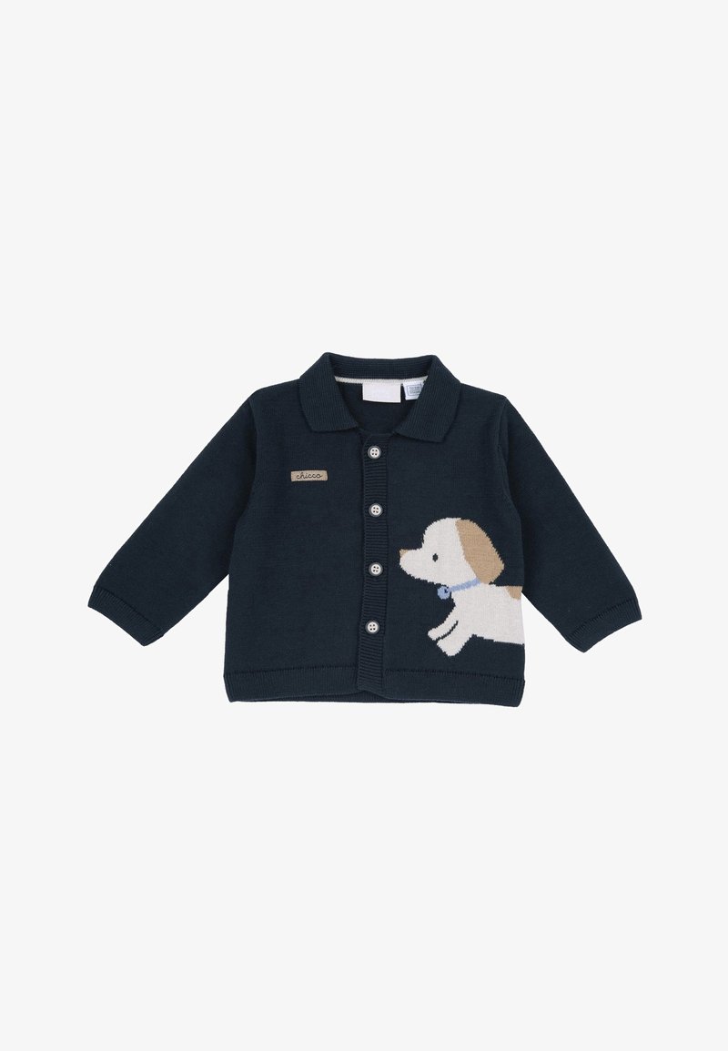 Cardigan pour bébé en tricot bleu marine avec boutons, col, et une illustration d'un chien beige et blanc en bas à droite.