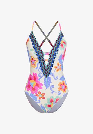 Einteiliger Badeanzug mit floralem Muster in Pink, Blau und Gelb auf cremefarbenem Hintergrund. Ausgestattet mit einem gewellten Ausschnitt und überkreuzten Trägern.
