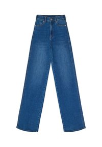 Jeans de tiro alto y pierna ancha, hechos de denim azul. Con corte recto, costuras clásicas, bolsillos frontales y cierre de botón.