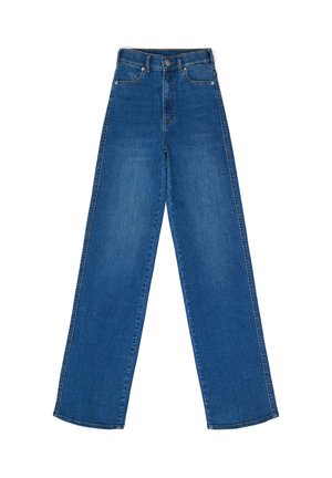 Jeans de tiro alto y pierna ancha, hechos de denim azul. Con corte recto, costuras clásicas, bolsillos frontales y cierre de botón.