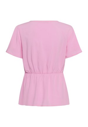 Blusa de manga corta de color rosa claro con cintura elástica y bajo estilo peplum, vista desde atrás sobre un fondo blanco liso.