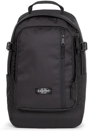 Schwarzer Eastpak Rucksack mit Tragegriff oben, vorderer Reißverschlusstasche, seitlichen Kompressionsriemen und sichtbarem Logo-Patch.