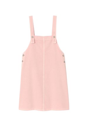 Robe salopette rose clair sans manches avec bretelles réglables et boutons métalliques sur les côtés.