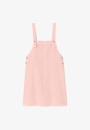 Robe salopette rose clair sans manches avec bretelles réglables et boutons métalliques sur les côtés.