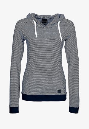 Felpa con cappuccio a maniche lunghe a righe orizzontali blu navy e bianche, con lacci bianchi e polsini e orlo scuri.