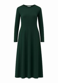 Dunkelgrünes Midikleid mit langen Ärmeln, tailliertem Schnitt, Rundhalsausschnitt und glattem, fließendem Material.