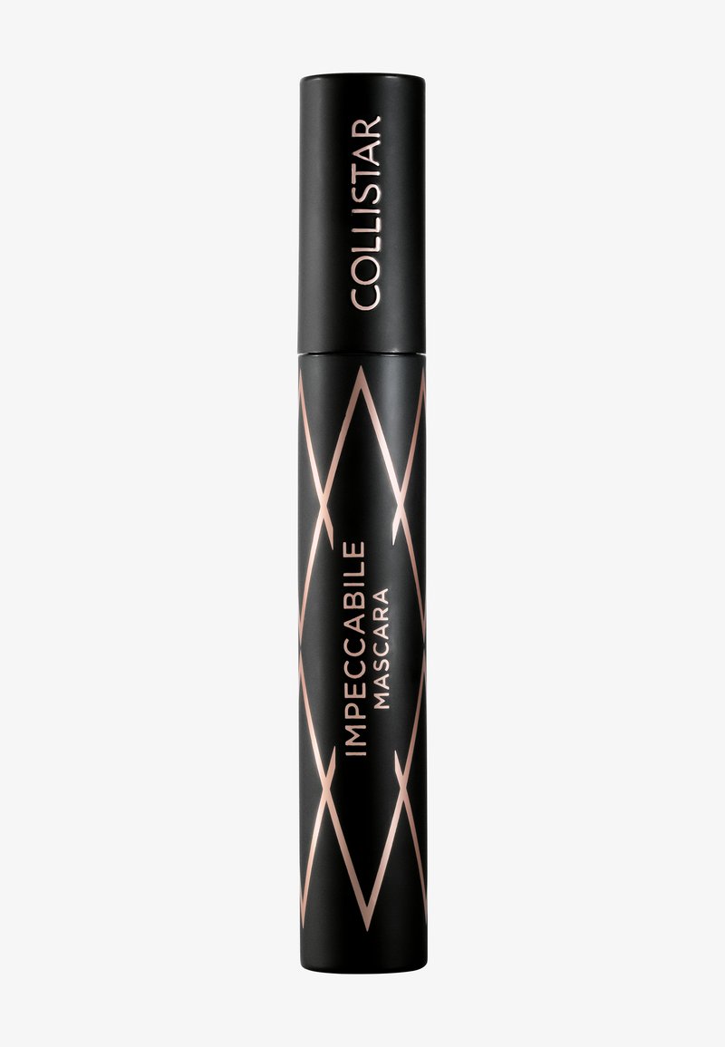 Tube de mascara cylindrique noir avec motif de losanges en or rose et texte « IMPECCABILE MASCARA » et « COLLISTAR » sur le bouchon.