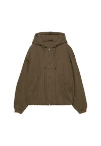 Brun zip-up hættetrøje med hætte, kængurulommer, ribbede manchetter og en afslappet pasform. Fremstillet af blødt stof med en glat tekstur.