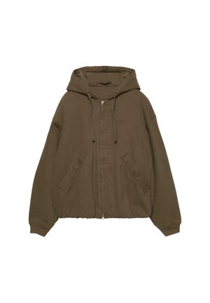 Bruine zip-up hoodie met een capuchon, kangoeroe-pocket, geribbelde manchetten en een ontspannen pasvorm. Gemaakt van zachte stof met een gladde textuur.