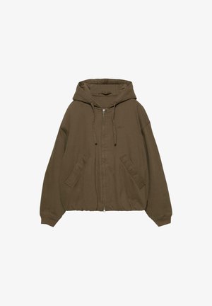 Brown zip-up hoodie with a hood, kangaroo pockets, ribbed cuffs, and a relaxed fit. Made from soft fabric with a smooth texture.