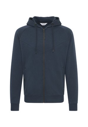 Navyblaues Reißverschluss-Hoodie mit Kordelzug, strukturiertem Stoff, Kängurutaschen, gerippten Bündchen und einem Chevron-Design auf der Vorderseite.