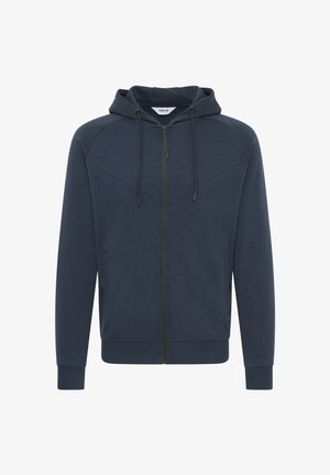 Tumed sinine kapuutsiga jakk, millel on nöör, tekstuuriga kangas, kängurupocketid, soonilised mansetid ja chevron-katees ees.