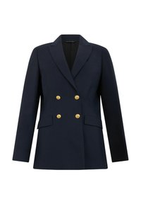 Navy blazer z podwójnym zapięciem i złotymi guzikami, z klapkami i dwiema przednimi kieszeniami. Dopasowany krój o gładkiej fakturze.