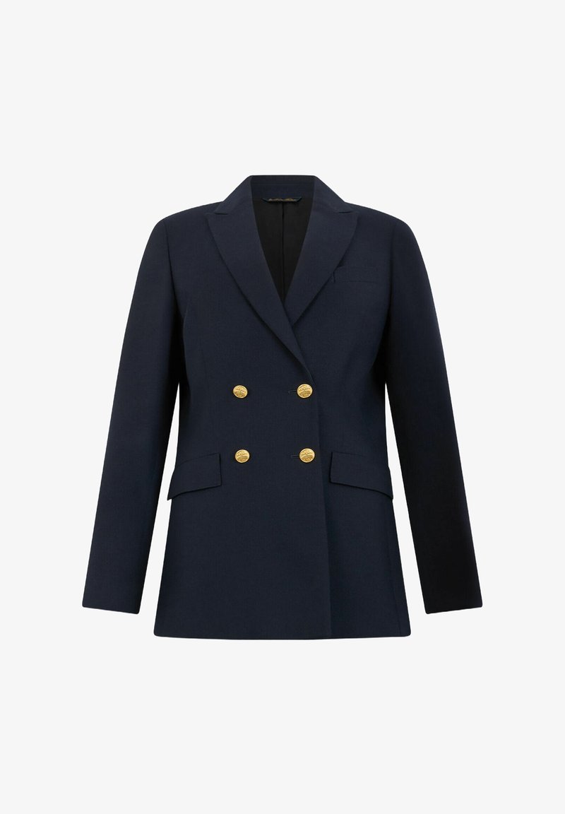 Blazer doppiopetto blu navy con bottoni dorati, rever a punte e due tasche frontali. Vestibilità sartoriale con una texture liscia.