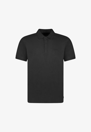 Zwarte polo t-shirt gemaakt van katoen met een klassieke kraag, een drieknoopsluiting, korte mouwen en een subtiele textuurafwerking.
