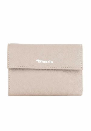 Light beige textured leather wallet with flap closure and white Tamaris logo centered on front.