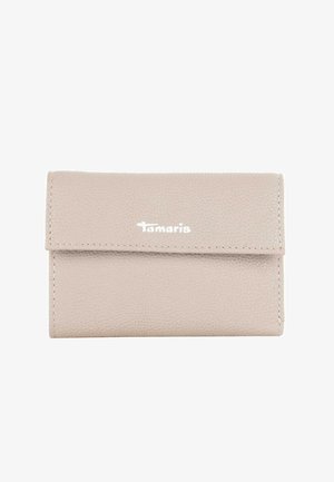 Light beige textured leather wallet with flap closure and white Tamaris logo centered on front.