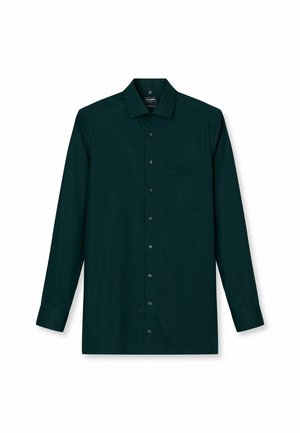 Dark green long-sleeve shirt with a button-up front, soft texture, point collar, and single chest pocket, featuring subtle stitching.