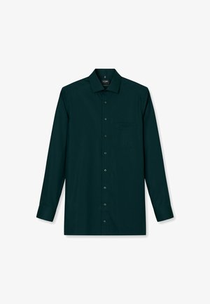 Donkergroen shirt met lange mouwen, met een knoopsluiting aan de voorkant, zachte textuur, puntige kraag en een enkele borstzak, met subtiele stiksels.