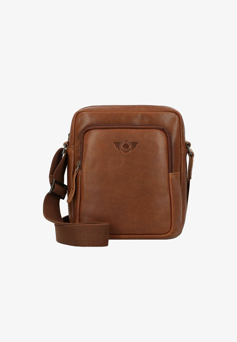 Braune Leder-Umhängetasche mit verstellbarem Schultergurt, Reißverschluss-Vordertasche und geprägtem Logodesign. Glatte Textur mit minimaler Nahtführung.