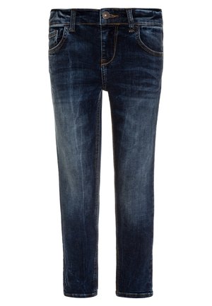 Jeans in denim blu scuro con leggeri sbiadimenti, design a cinque tasche, passanti per cintura e chiusura a bottone in vita. Texture liscia, vestibilità classica.