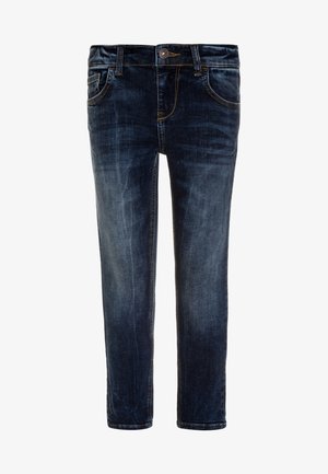 Jeans in denim blu scuro con leggeri sbiadimenti, design a cinque tasche, passanti per cintura e chiusura a bottone in vita. Texture liscia, vestibilità classica.