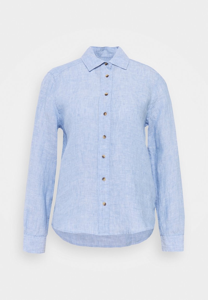 Lichtblauwe langemouw overhemd met knopen van linnen, met een kraag en zeven messing knopen aan de voorkant, met een ronde zoom.