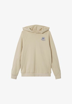 Beżowa bluza z kapturem ze ściągaczem, rękawy raglanowe oraz niebieski nadruk z napisem "NY BROOKLYN" na piersi. Miękka w dotyku.