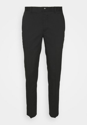 Black trousers with a straight fit, made from smooth fabric. Features front pockets, a button closure, and belt loops. No visible patterns or accents.