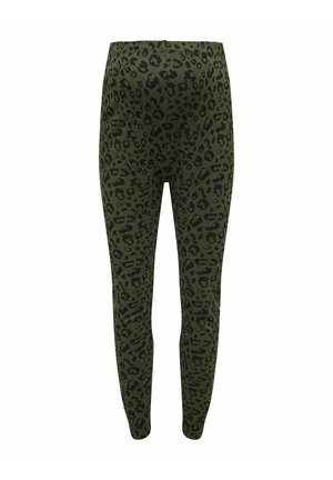 Groene legging met een zwart luipaardprintpatroon, gemaakt van een zachte stof met een rekbare tailleband voor comfort en bewegingsvrijheid.