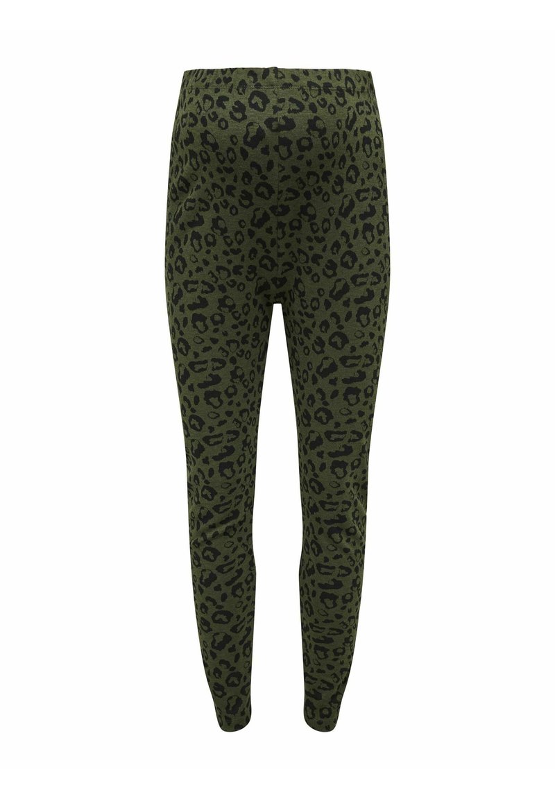Leggings verdes con un estampado de leopardo negro, fabricados en una tela suave con una cinturilla elástica para mayor comodidad y movimiento.