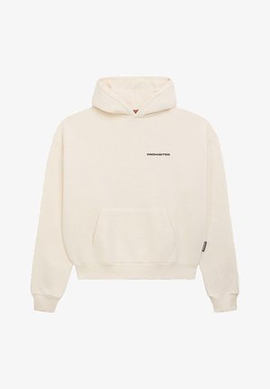 Hoodie de couleur crème avec une poche frontale, style kangourou. Il comprend une capuche avec cordon de serrage et une petite étiquette noire imprimée « INTERDIT ».