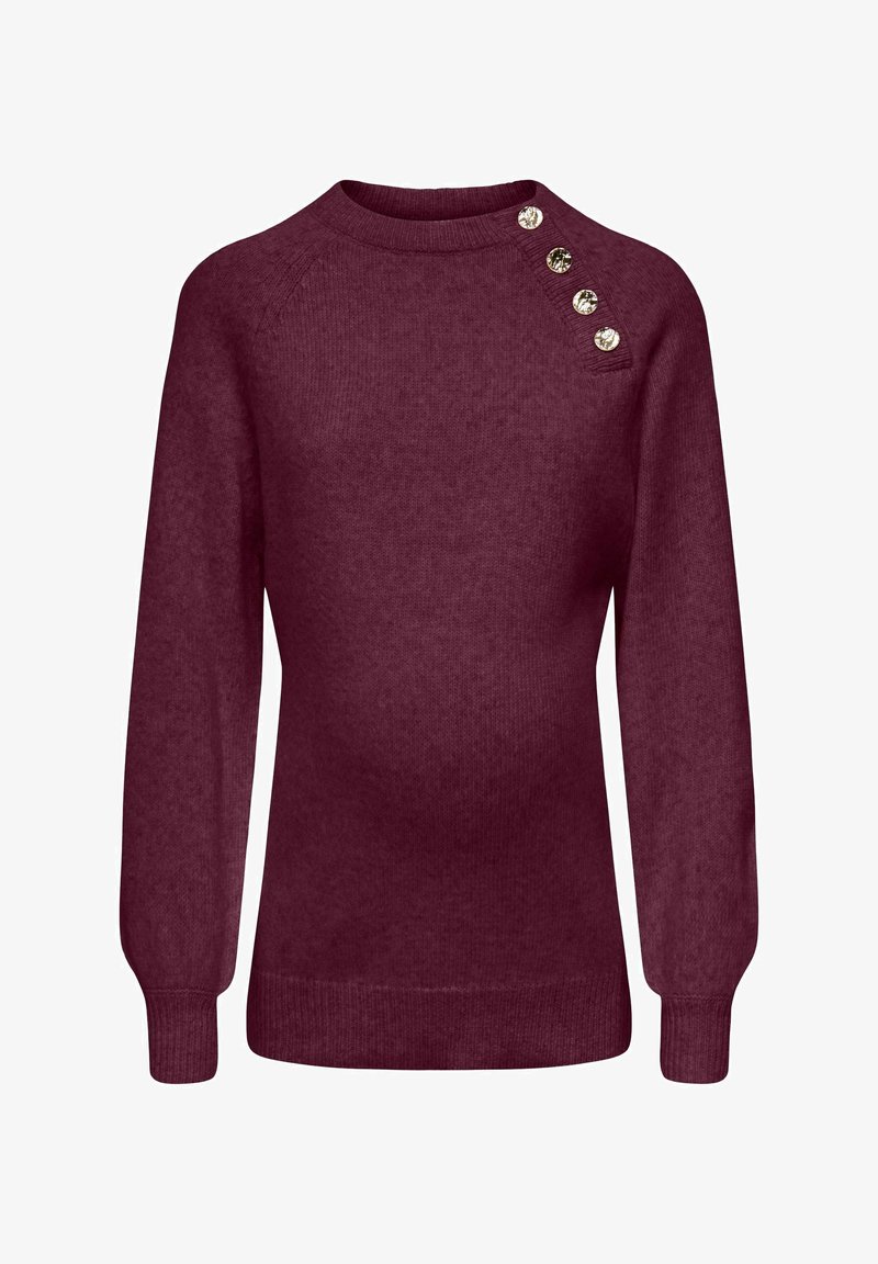 Pull bordeaux à manches longues avec poignets et ourlet côtelés, orné de quatre boutons décoratifs dorés le long de la couture de l'épaule gauche.