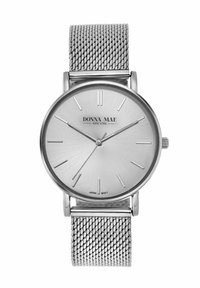 Silberner Edelstahl-Uhr mit minimalistischem runden Zifferblatt, Sonnenstrahlenstruktur, Stundenmarkierungen und einem Mesh-Armband. Marke angezeigt: Donna Mae.