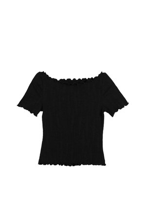 Haut noir à épaules dénudées avec des manches courtes. Il présente une texture côtelée et des bords volantés au niveau de l'encolure et des manches. Design ajusté.