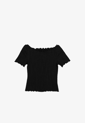 Fekete, vállnélküli felső, rövid ujjakkal. Bordás textúrával és fodros szegéllyel a dekoltájnál és az ujjaknál. Testhez simuló fazon.