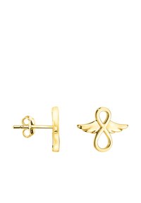 Goldfarbene Ohrringe mit einem Unendlichkeitssymbol und Flügeln, gestaltet als Ohrstecker. Glatte Oberfläche, polierte Oberfläche, mit Standardstecker.