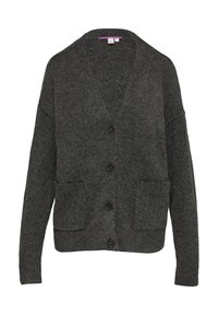 Dunkelgrauer Cardigan aus Strickstoff, mit V-Ausschnitt, langen Ärmeln, Taschen vorne und einer Fünf-Knopf-Verschluss.