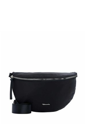 Black nylon fanny pack with a curved shape, featuring a silver zipper and logo detail. Adjustable strap included. Smooth texture.