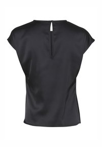 Blusa in satin nero con dettaglio a chiave sul retro e maniche corte, con una trama liscia e una vestibilità morbida.