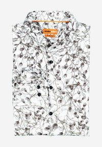 White slim fit button-up shirt with brown and gray leafy branch pattern, folded with collar and cuffs visible, labeled Emilio Adani.