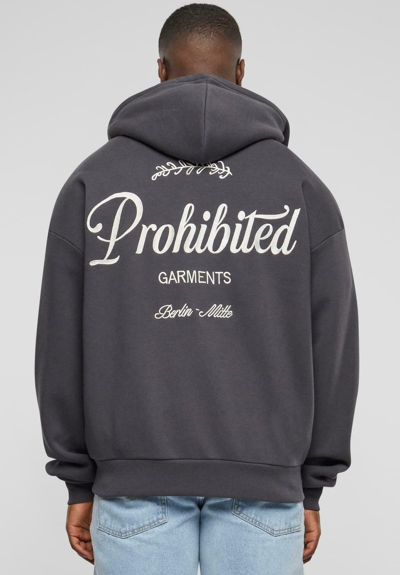 Gray hoodie with a large white text design reading "Prohibited Garments" and decorative accents on the back. Soft fabric, relaxed fit.